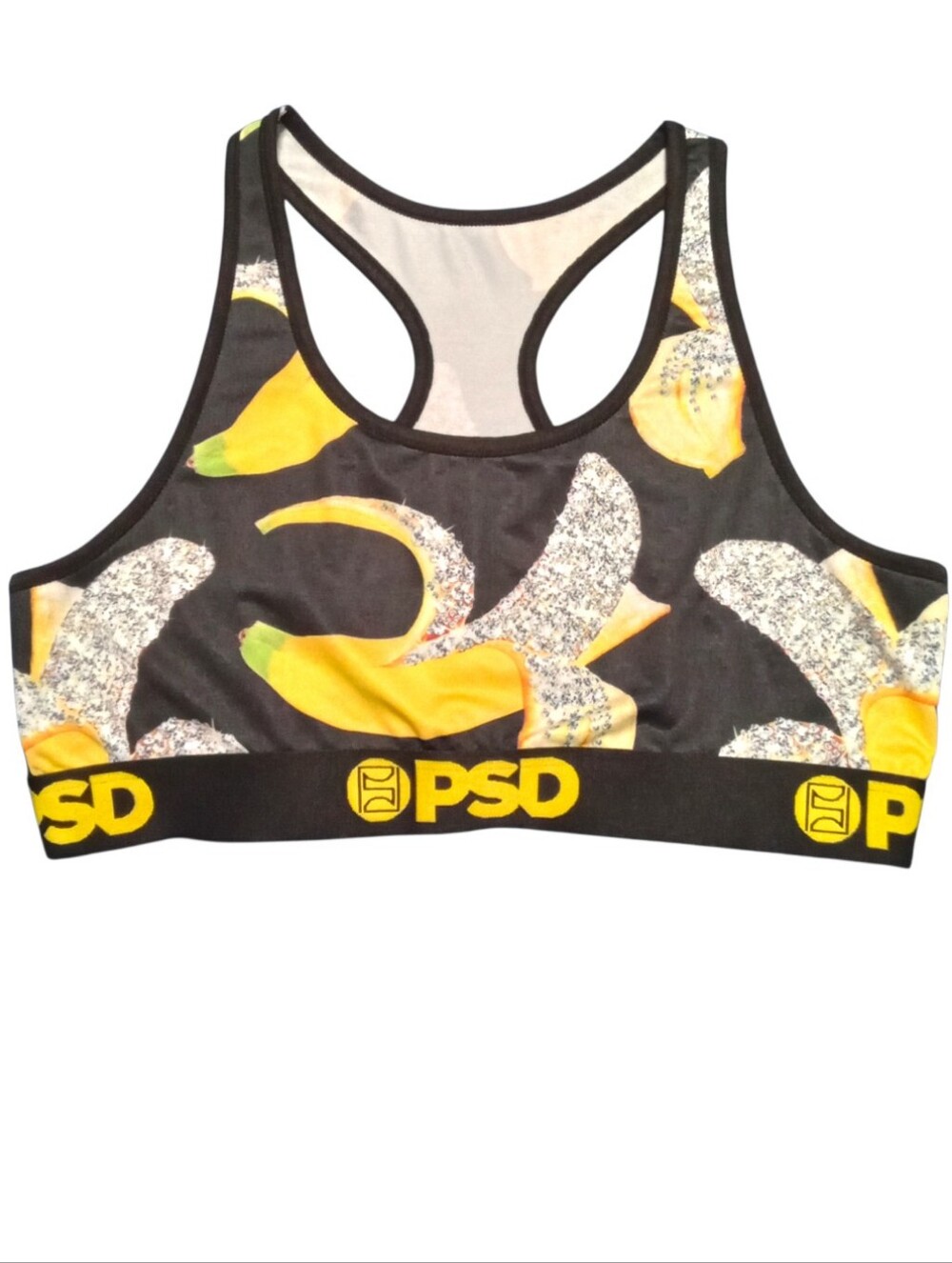 PSD Iced Banana Sports Bra Womens XL Black Yellow Racerback Logo Band Athletic